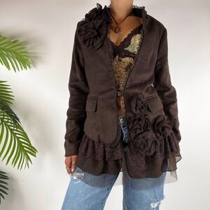 Vintage Y2K Brown Wool Cottagecore Floral Bohemian Fairy Grunge Jacket / Size: M